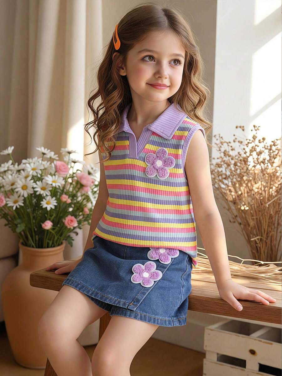 Toddler Girls Textured Knit Vest Top And Denim Skort Flower Embroidered Summer Outfit Set