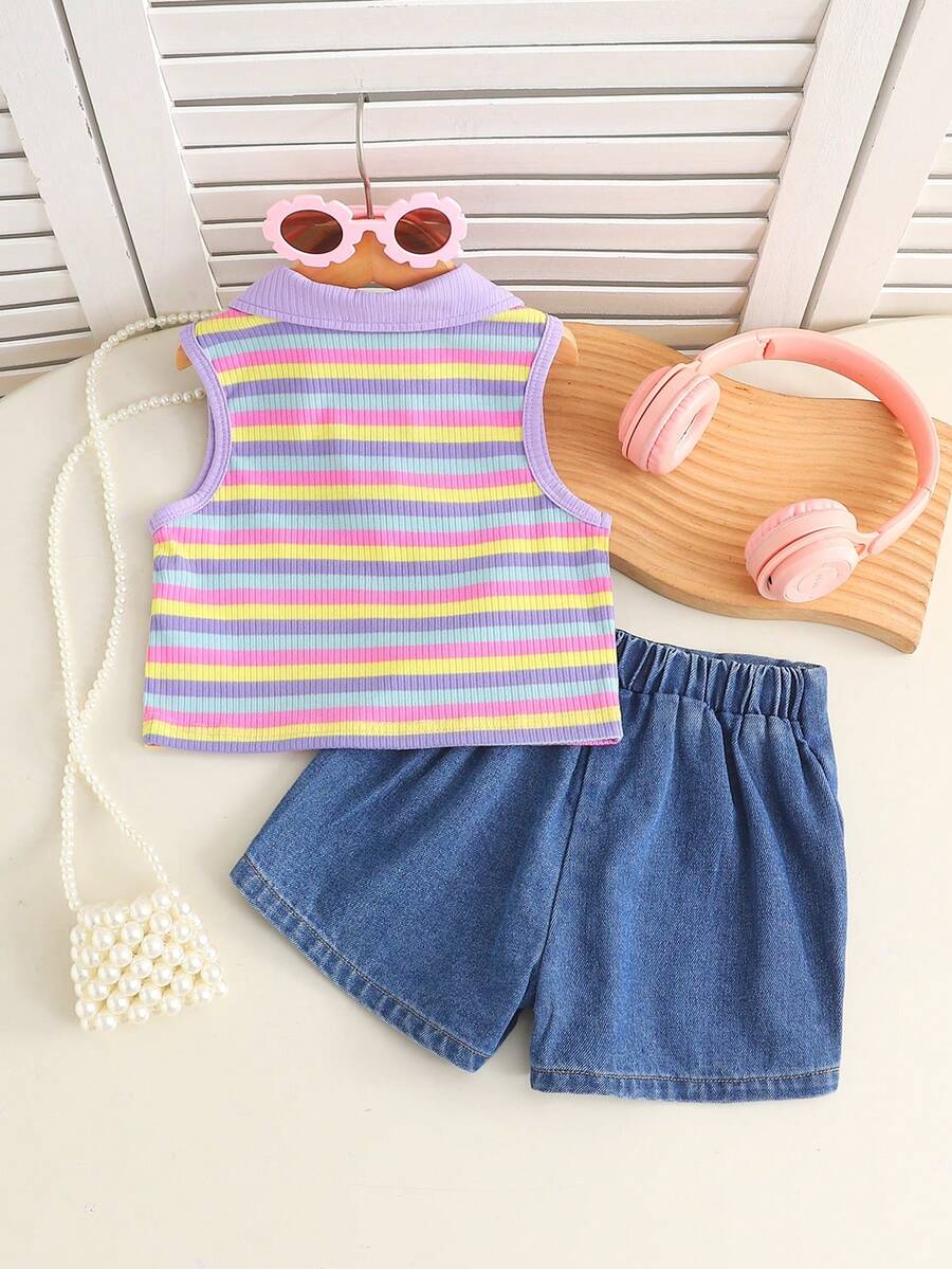 Toddler Girls Textured Knit Vest Top And Denim Skort Flower Embroidered Summer Outfit Set