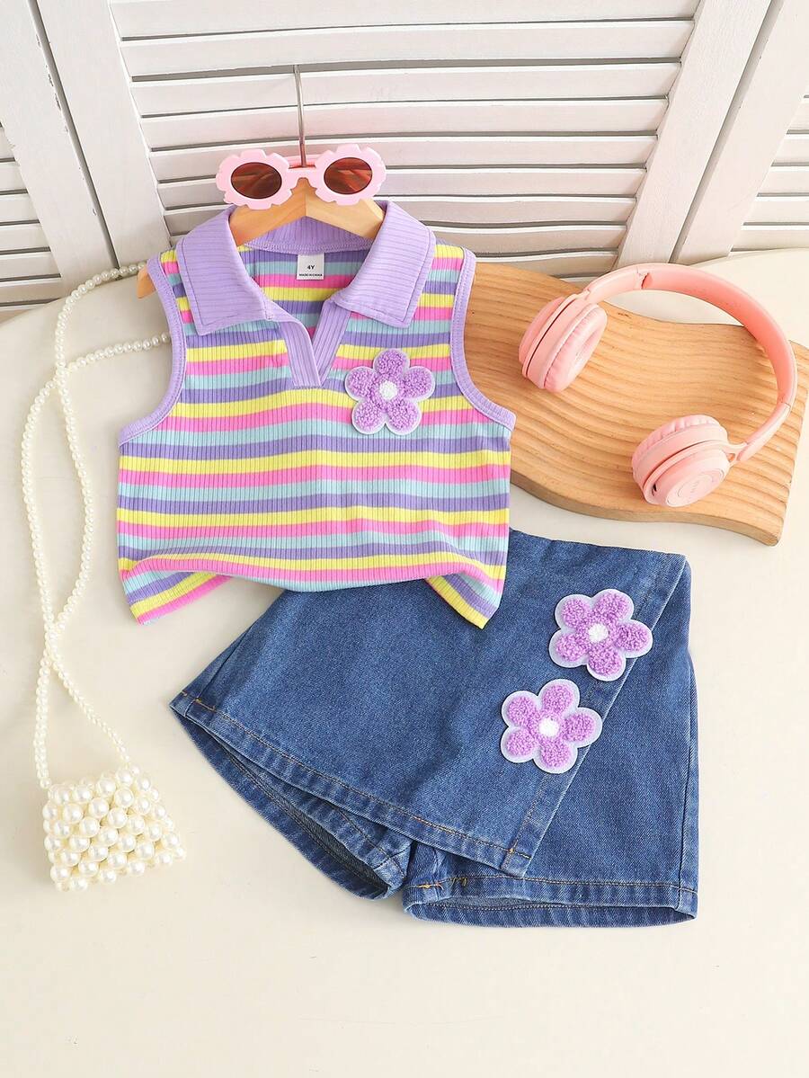 Toddler Girls Textured Knit Vest Top And Denim Skort Flower Embroidered Summer Outfit Set