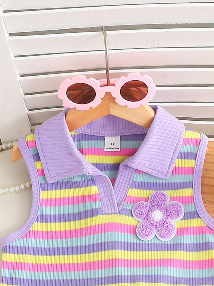 Toddler Girls Textured Knit Vest Top And Denim Skort Flower Embroidered Summer Outfit Set