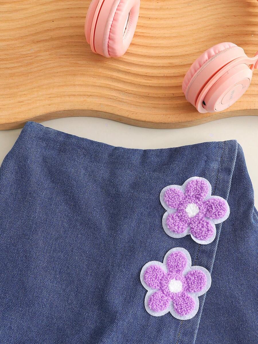 Toddler Girls Textured Knit Vest Top And Denim Skort Flower Embroidered Summer Outfit Set