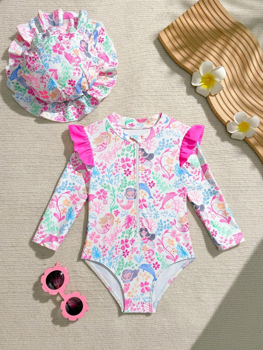 Baby Girls Floral Ruffle Long Sleeve Swimsuit With Hat Tropical Beachwear Set