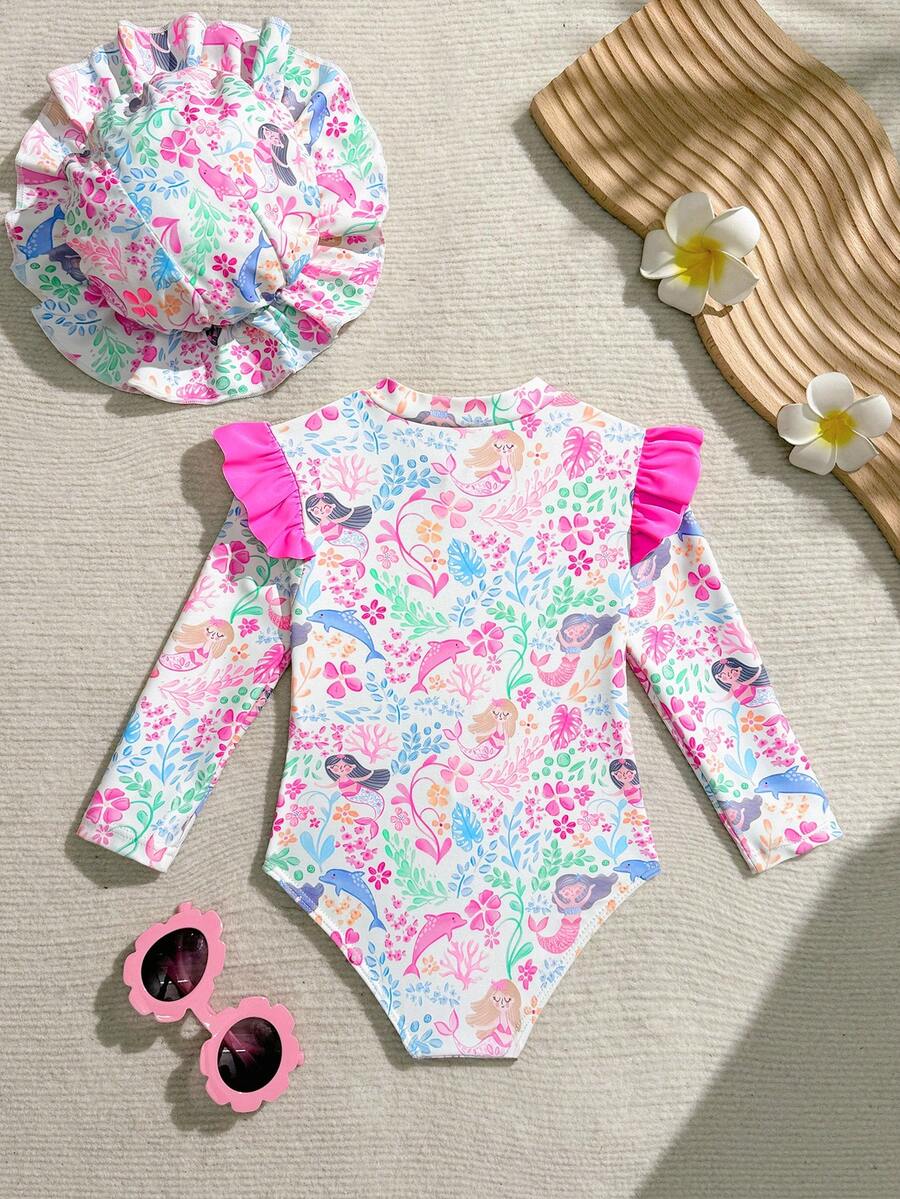 Baby Girls Floral Ruffle Long Sleeve Swimsuit With Hat Tropical Beachwear Set