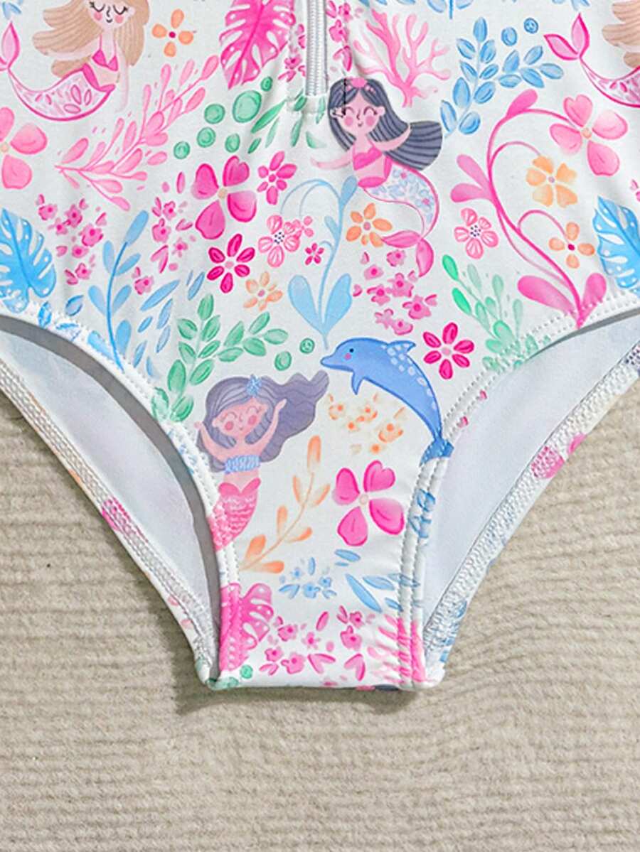 Baby Girls Floral Ruffle Long Sleeve Swimsuit With Hat Tropical Beachwear Set