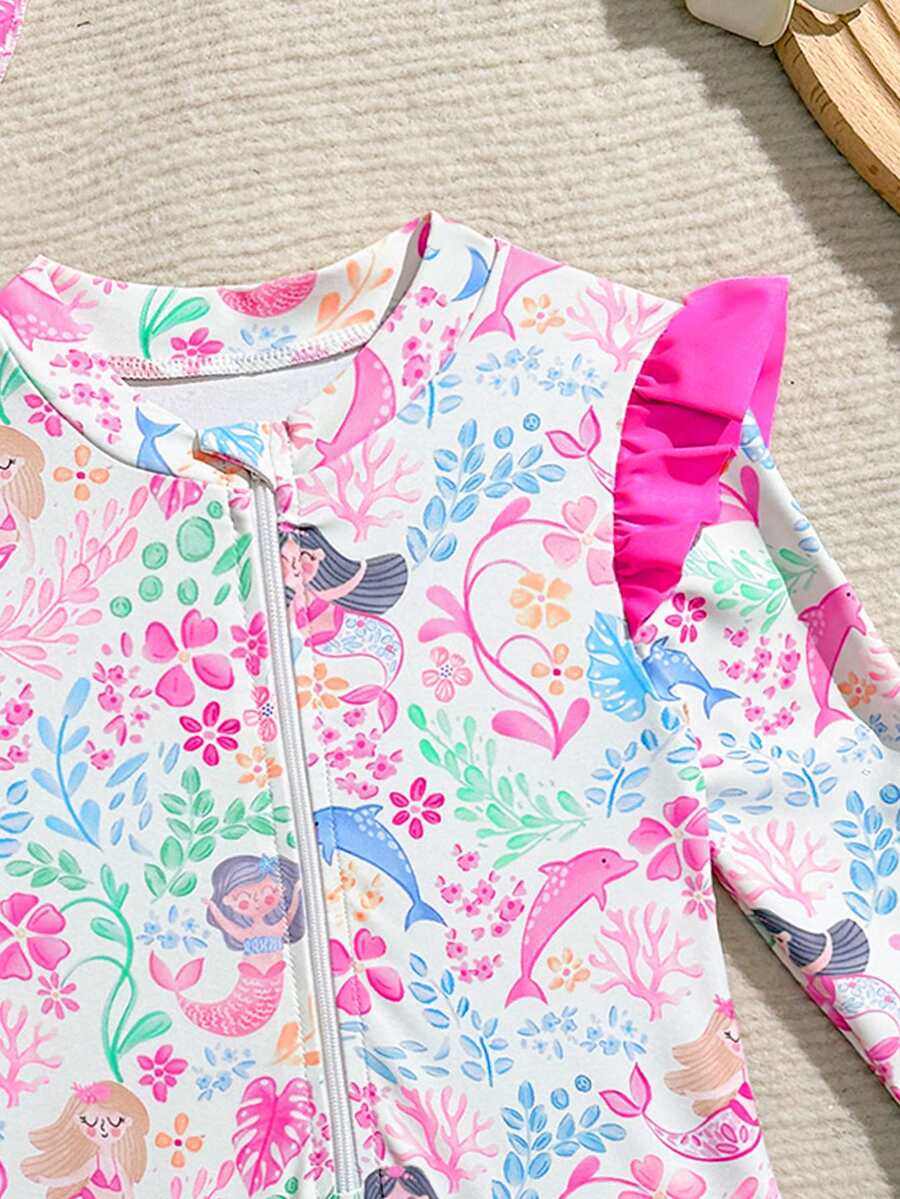 Baby Girls Floral Ruffle Long Sleeve Swimsuit With Hat Tropical Beachwear Set