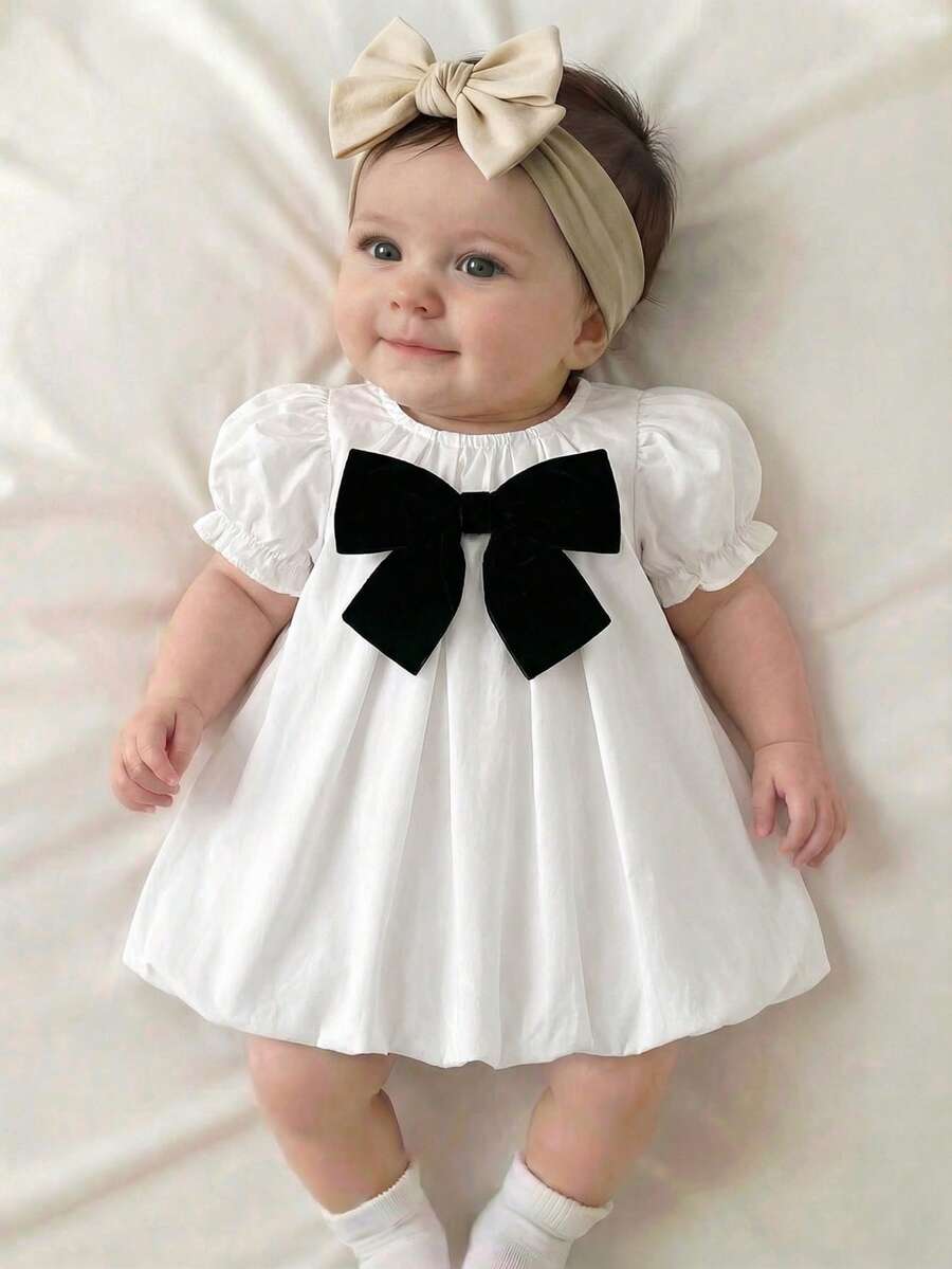 Baby Apricot Bowknot Long Sleeve Dress for Cute Daily and Outdoor Wear