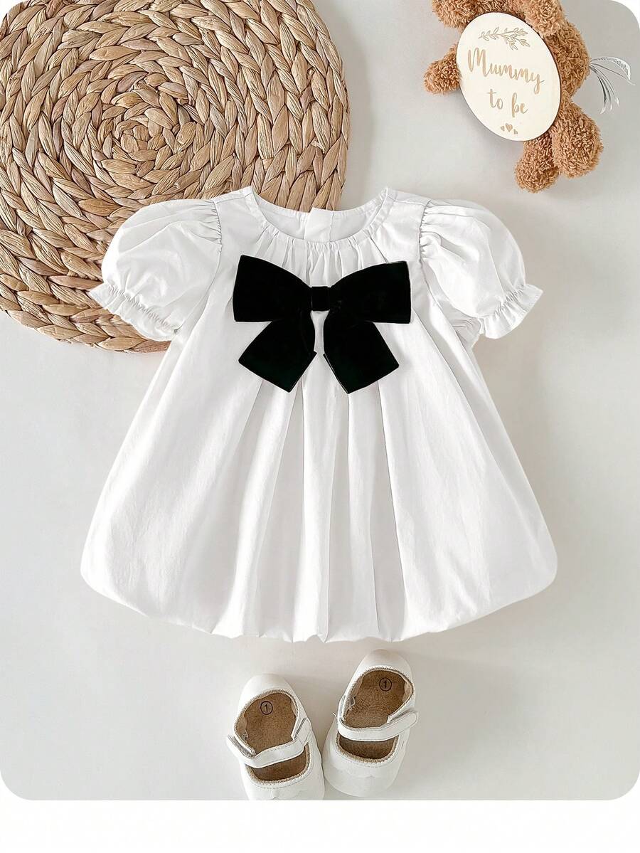 Baby Apricot Bowknot Long Sleeve Dress for Cute Daily and Outdoor Wear