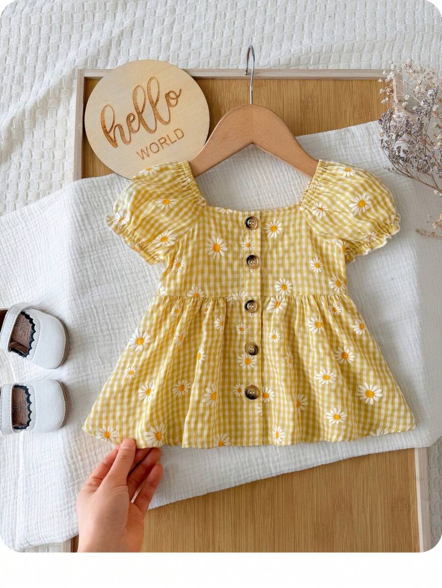 Baby Floral Bubble Sleeve Yellow Dress for Cute Summer Vacation Wear