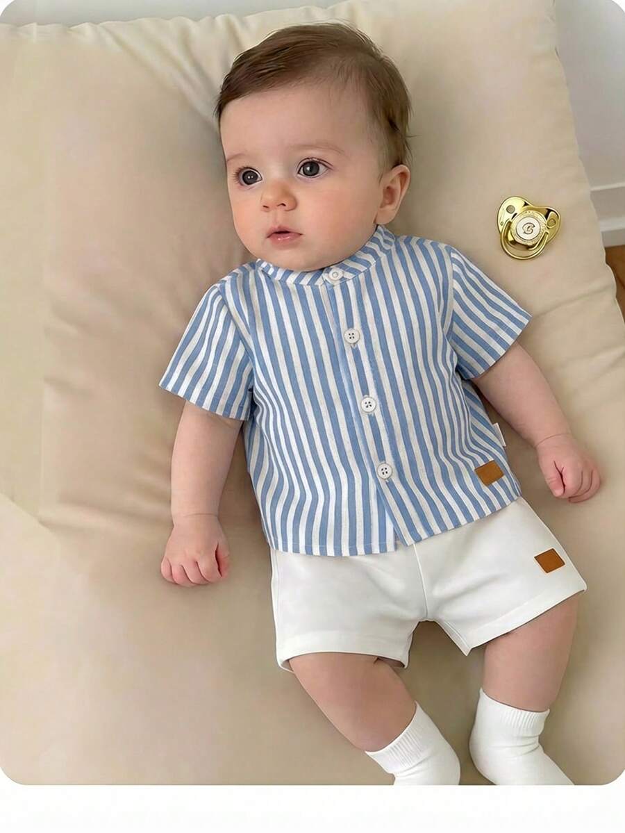 Striped Short Sleeve Shirt and Elastic Waist Shorts Set for Cute Summer Daily Wear