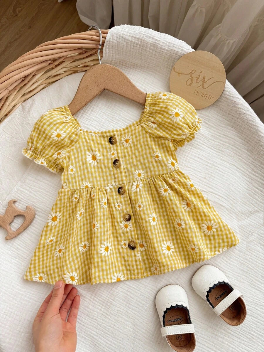 Baby Floral Bubble Sleeve Yellow Dress for Cute Summer Vacation Wear