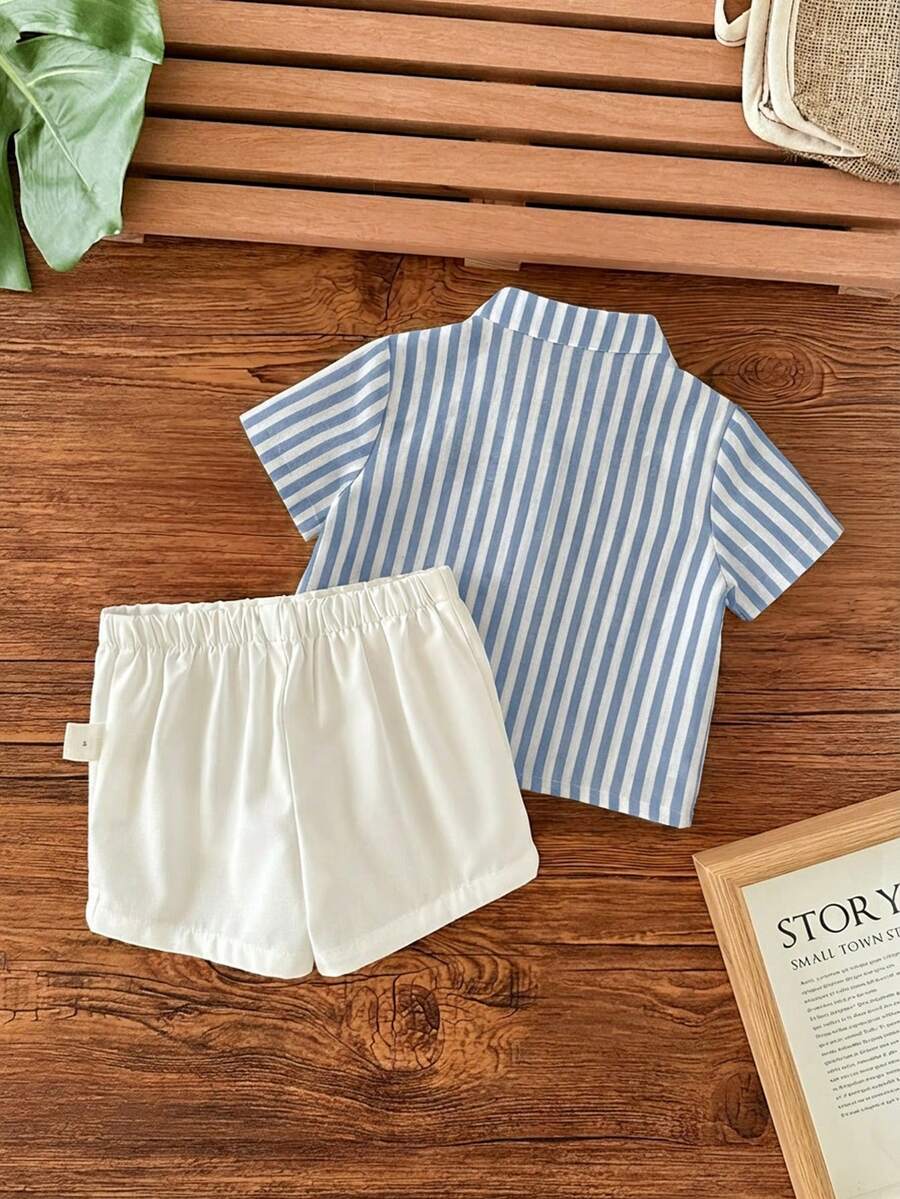Striped Short Sleeve Shirt and Elastic Waist Shorts Set for Cute Summer Daily Wear