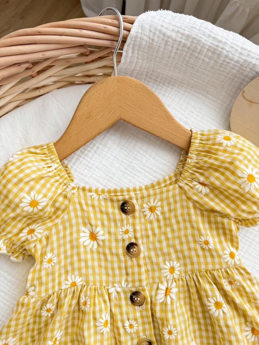 Baby Floral Bubble Sleeve Yellow Dress for Cute Summer Vacation Wear