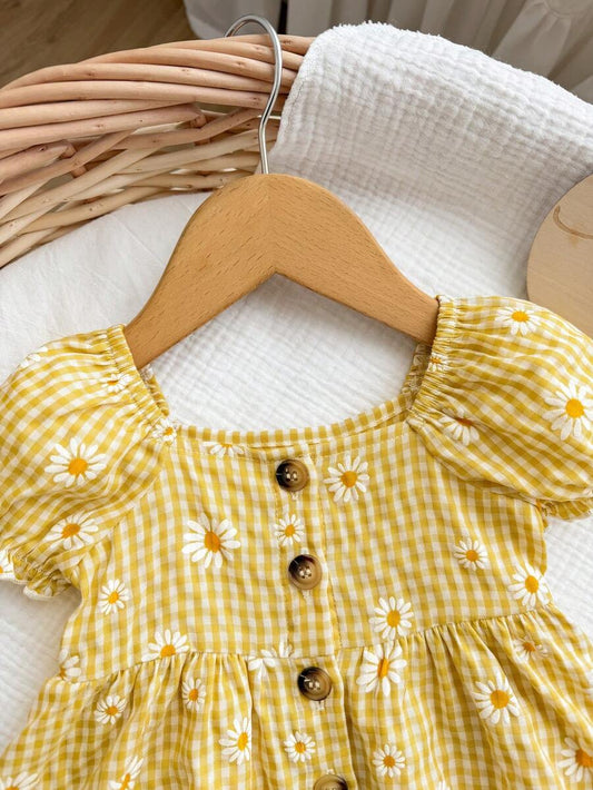 Baby Floral Bubble Sleeve Yellow Dress for Cute Summer Vacation Wear