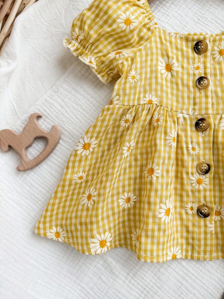 Baby Floral Bubble Sleeve Yellow Dress for Cute Summer Vacation Wear