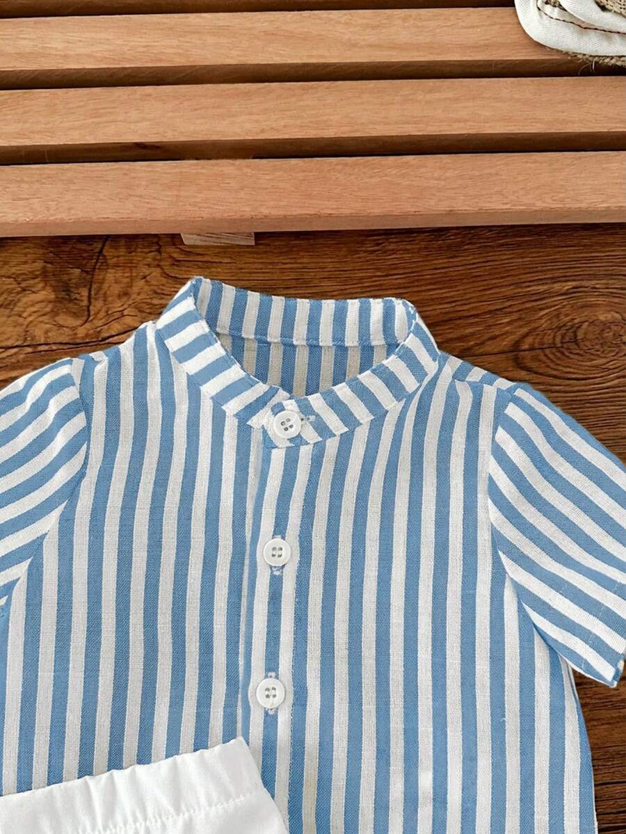 Striped Short Sleeve Shirt and Elastic Waist Shorts Set for Cute Summer Daily Wear