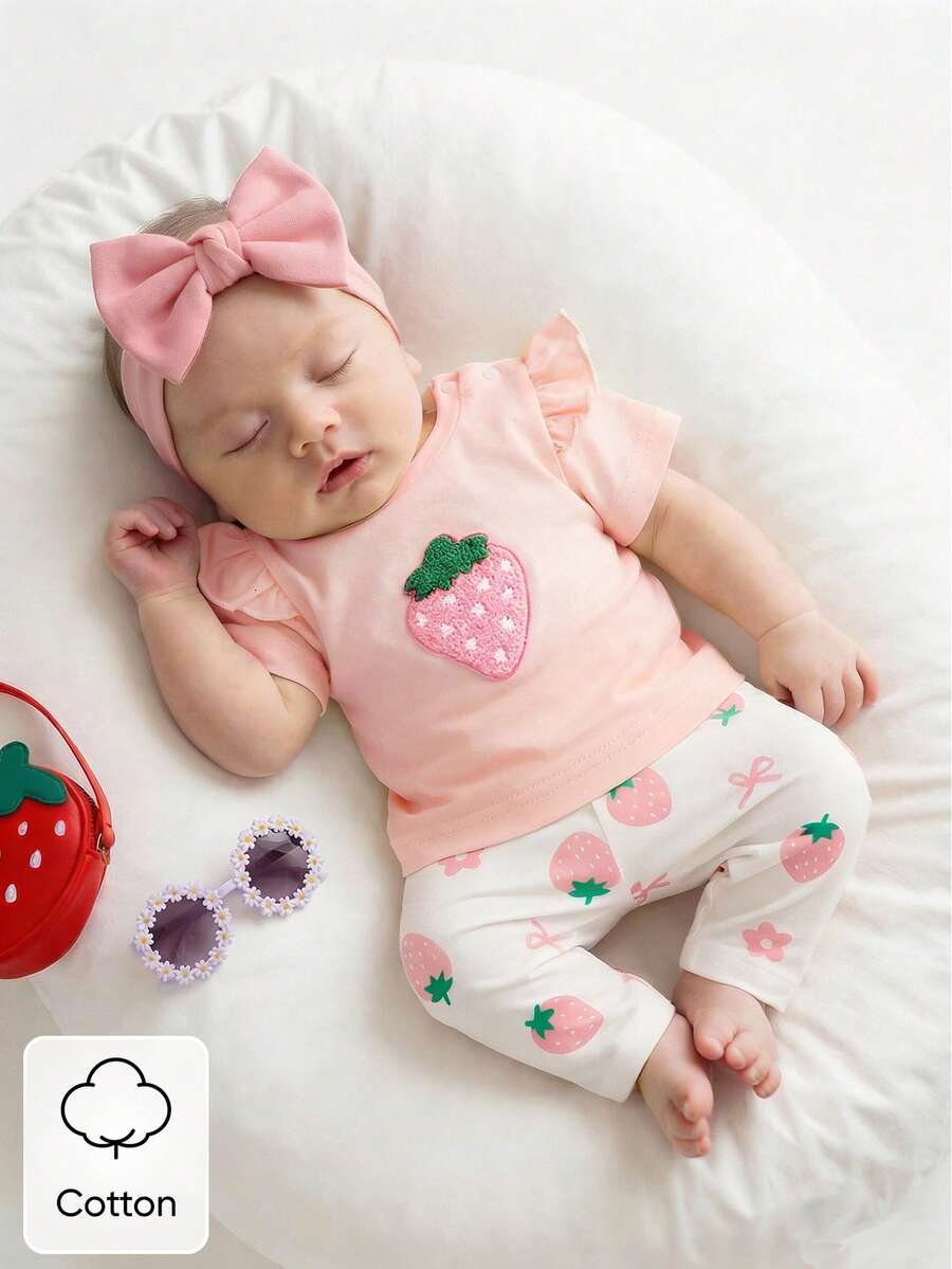 Baby Girl Strawberry Print T Shirt and Pants Set for Cute Summer Daily Wear