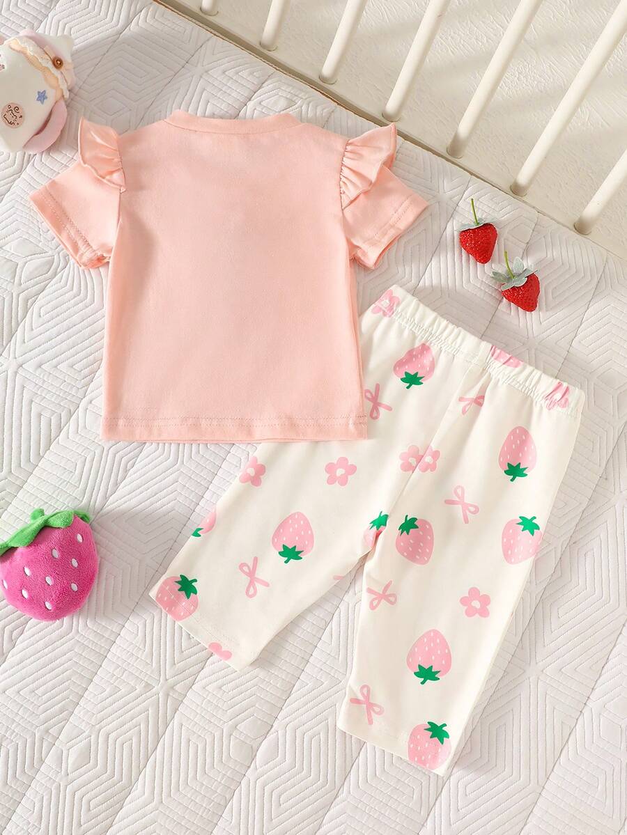 Baby Girl Strawberry Print T Shirt and Pants Set for Cute Summer Daily Wear