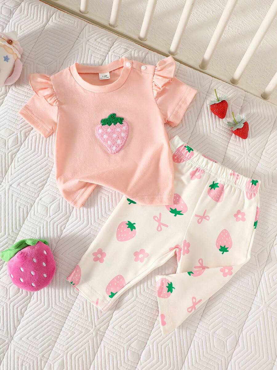 Baby Girl Strawberry Print T Shirt and Pants Set for Cute Summer Daily Wear