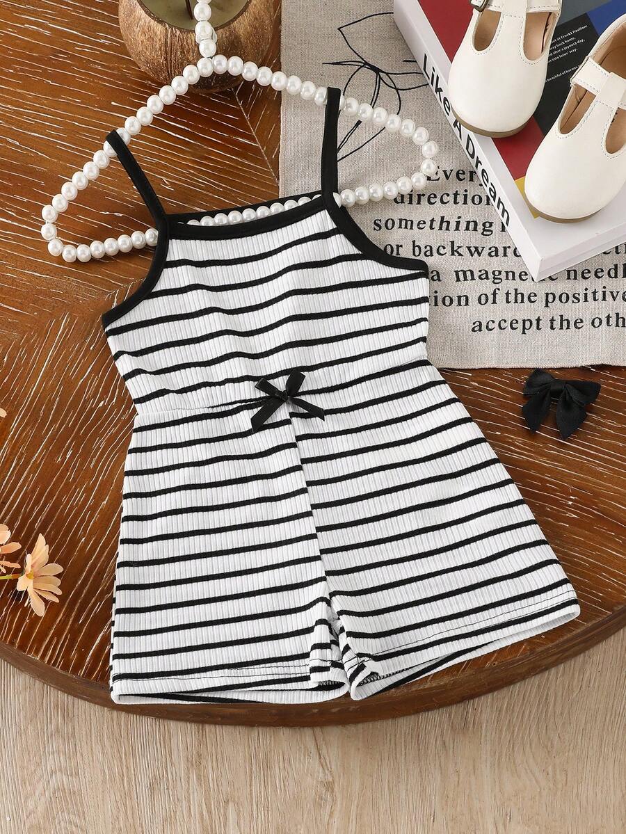 Cute Baby Girl Sleeveless Ribbed Short Jumpsuit With Bow Detail Casual Summer Wear