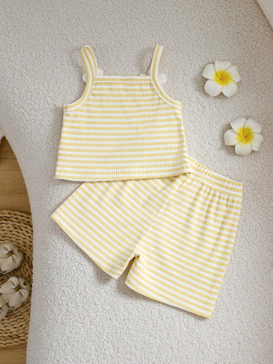 Striped Knit Camisole And Shorts Set For Baby Girls Summer Vacation Wear