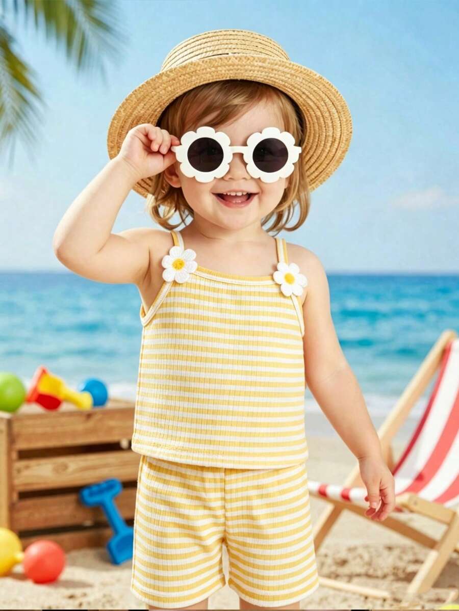 Striped Knit Camisole And Shorts Set For Baby Girls Summer Vacation Wear