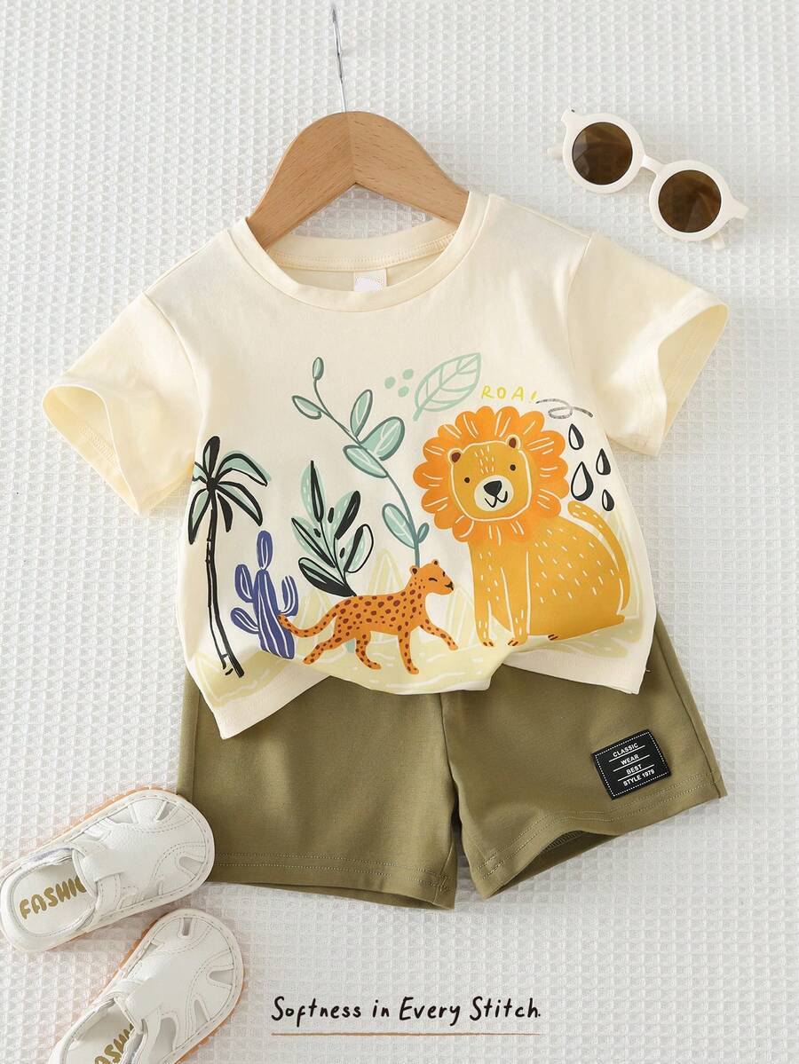Baby Boy Animal Crayon Print T Shirt and Knitted Shorts 2 Piece Casual Spring Summer Outfit Set