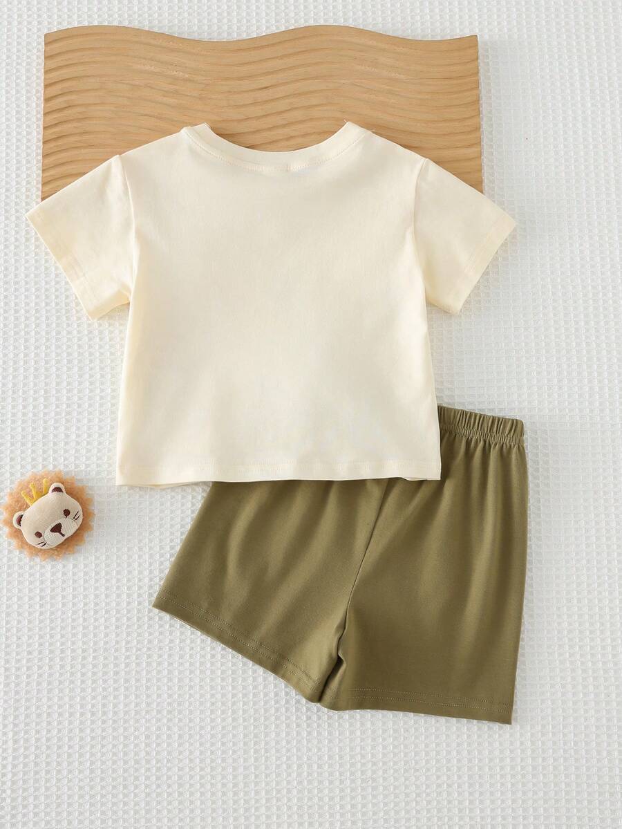 Baby Boy Animal Crayon Print T Shirt and Knitted Shorts 2 Piece Casual Spring Summer Outfit Set