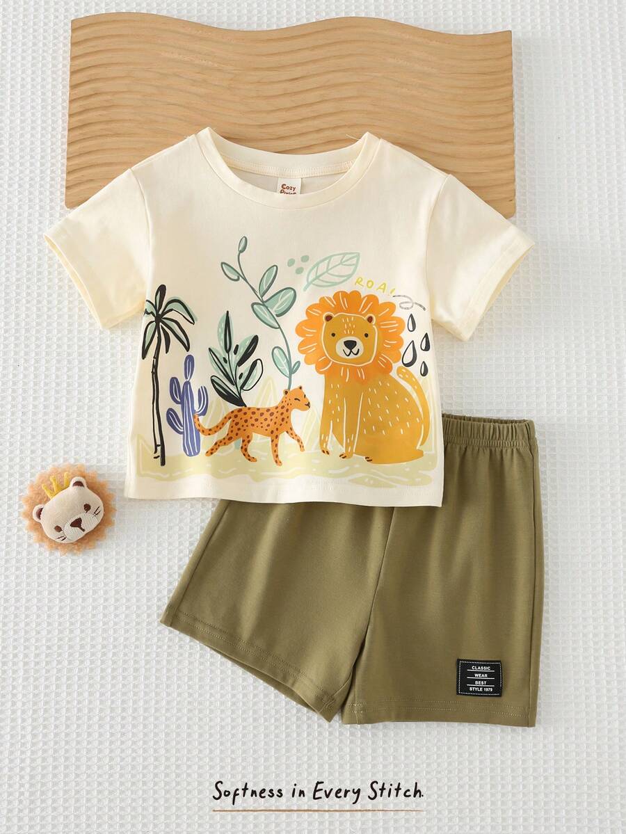 Baby Boy Animal Crayon Print T Shirt and Knitted Shorts 2 Piece Casual Spring Summer Outfit Set