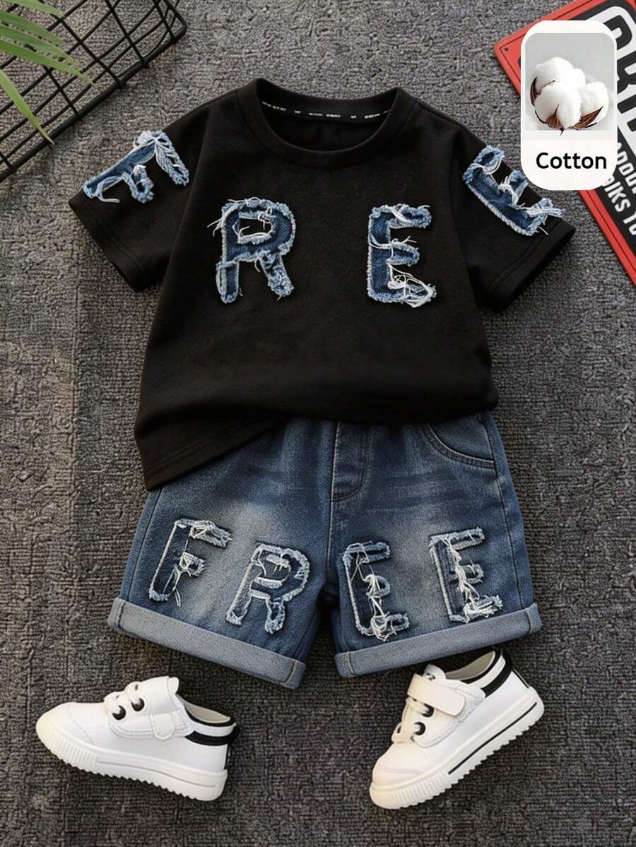 Baby Boy Black and White Striped T Shirt and Denim Shorts 2 Piece Casual Spring Summer Outfit Set