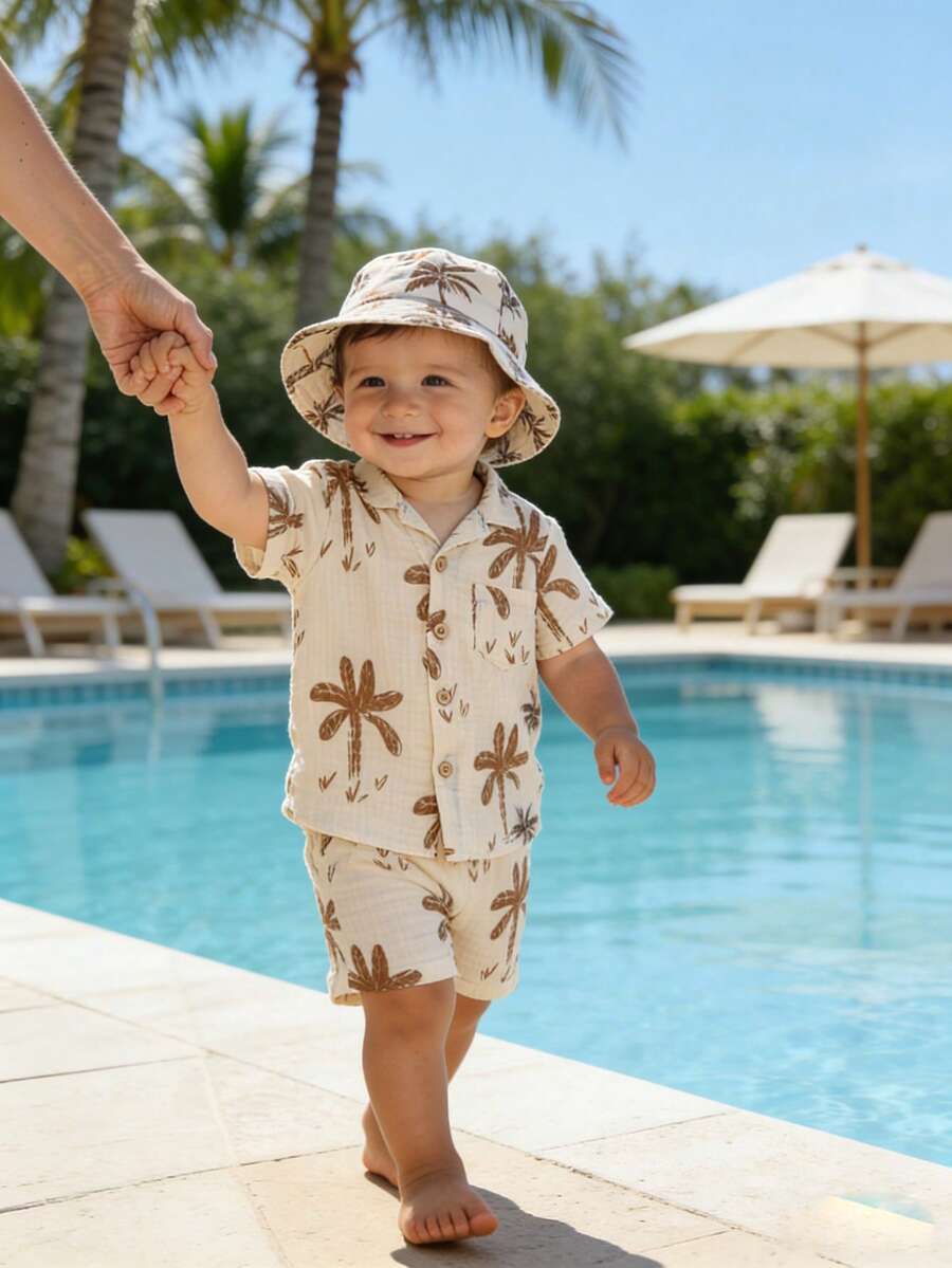 Toddler Boy Summer Vacation Outfit: Plant Print Shirt and Elastic Waist Shorts