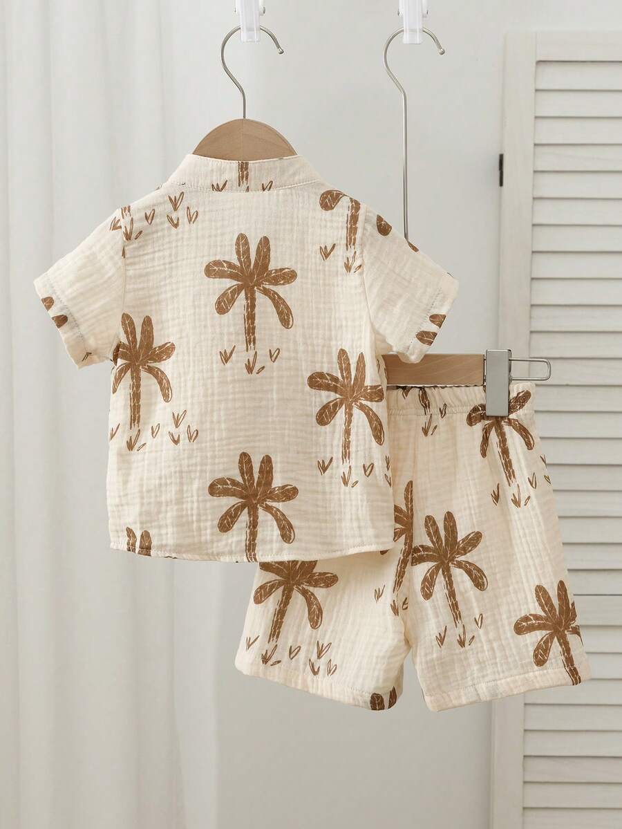 Toddler Boy Summer Vacation Outfit: Plant Print Shirt and Elastic Waist Shorts