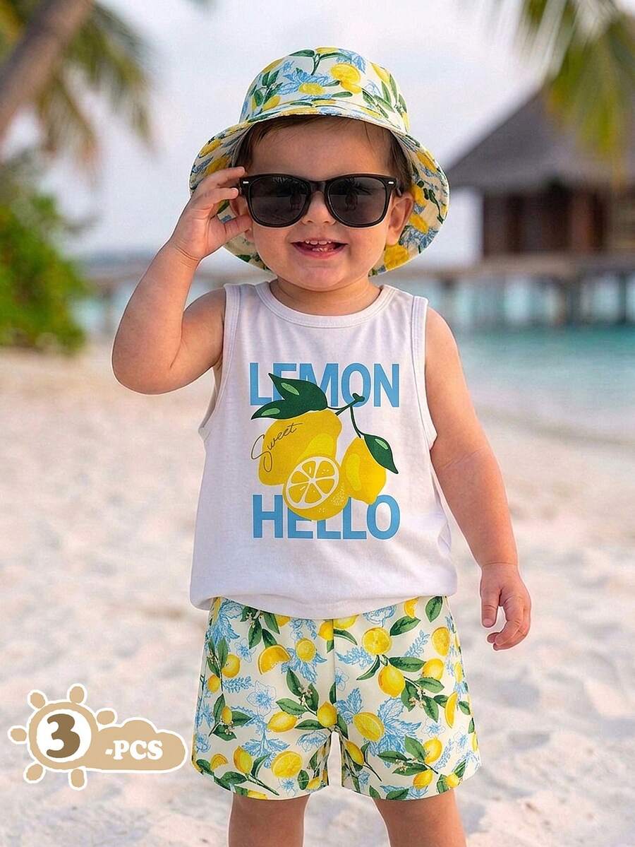 Baby Boy Letter Print Top Coconut Tree Print Shorts and Hat 3 Piece Summer Beach Vacation Outfit Set
