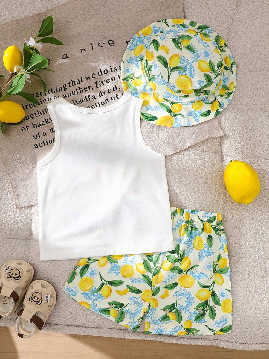 Baby Boy Letter Print Top Coconut Tree Print Shorts and Hat 3 Piece Summer Beach Vacation Outfit Set