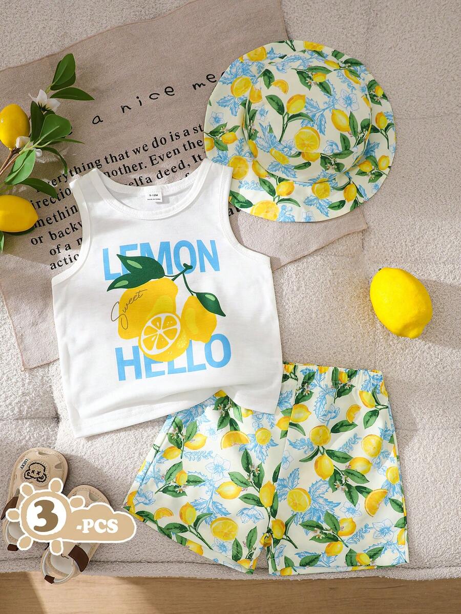 Baby Boy Letter Print Top Coconut Tree Print Shorts and Hat 3 Piece Summer Beach Vacation Outfit Set