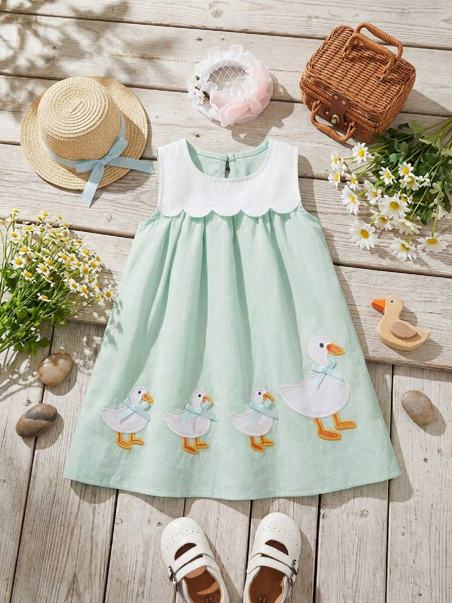 Sleeveless Long Dress with Embroidered Cartoon Duck for Toddler Girls