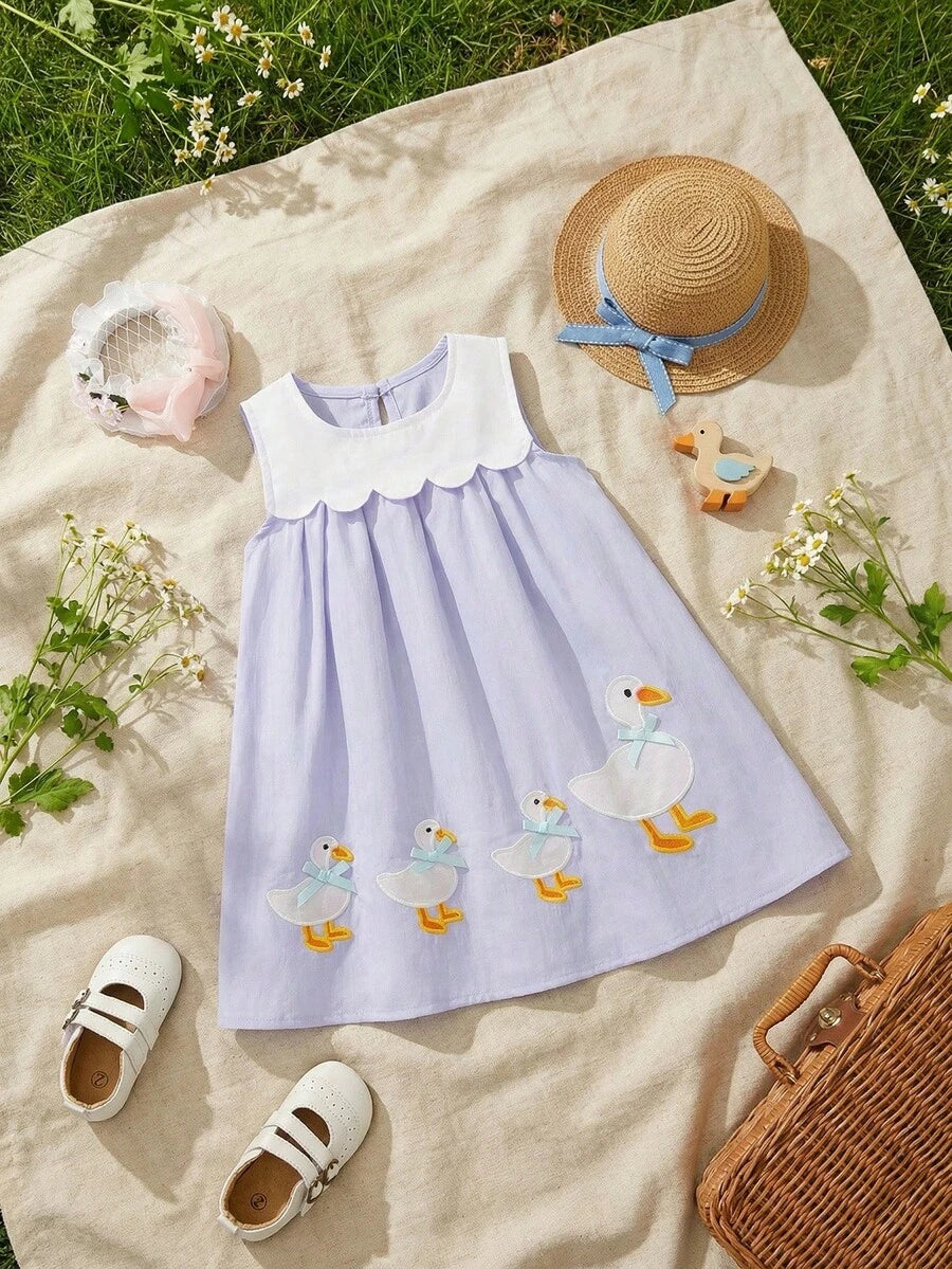 Sleeveless Long Dress with Embroidered Cartoon Duck for Toddler Girls