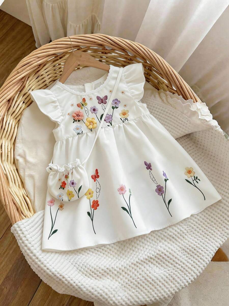 Infant Girl 2-Piece Embroidered Dress Set with Diagonal Shoulder Bag
