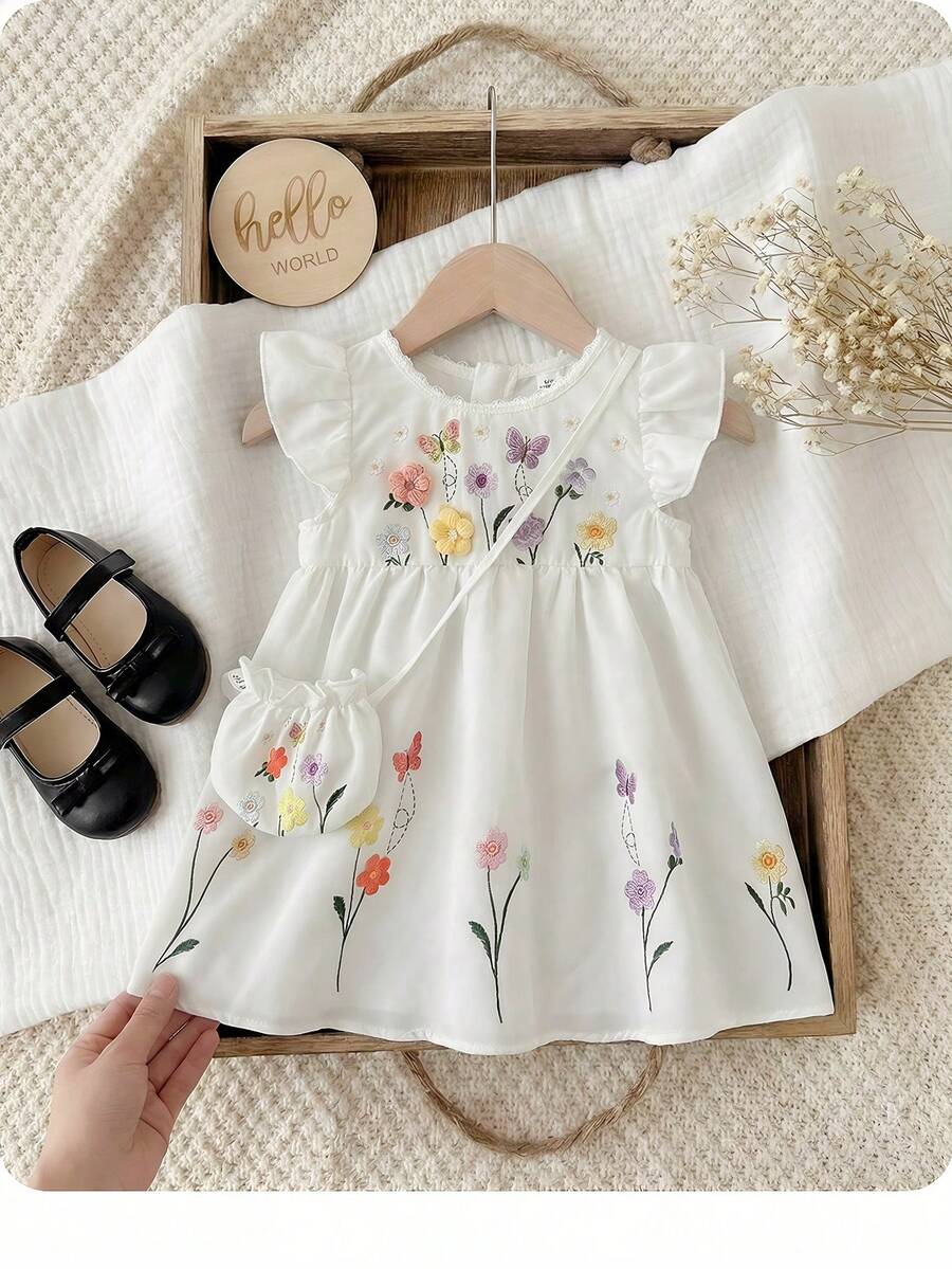 Infant Girl 2-Piece Embroidered Dress Set with Diagonal Shoulder Bag