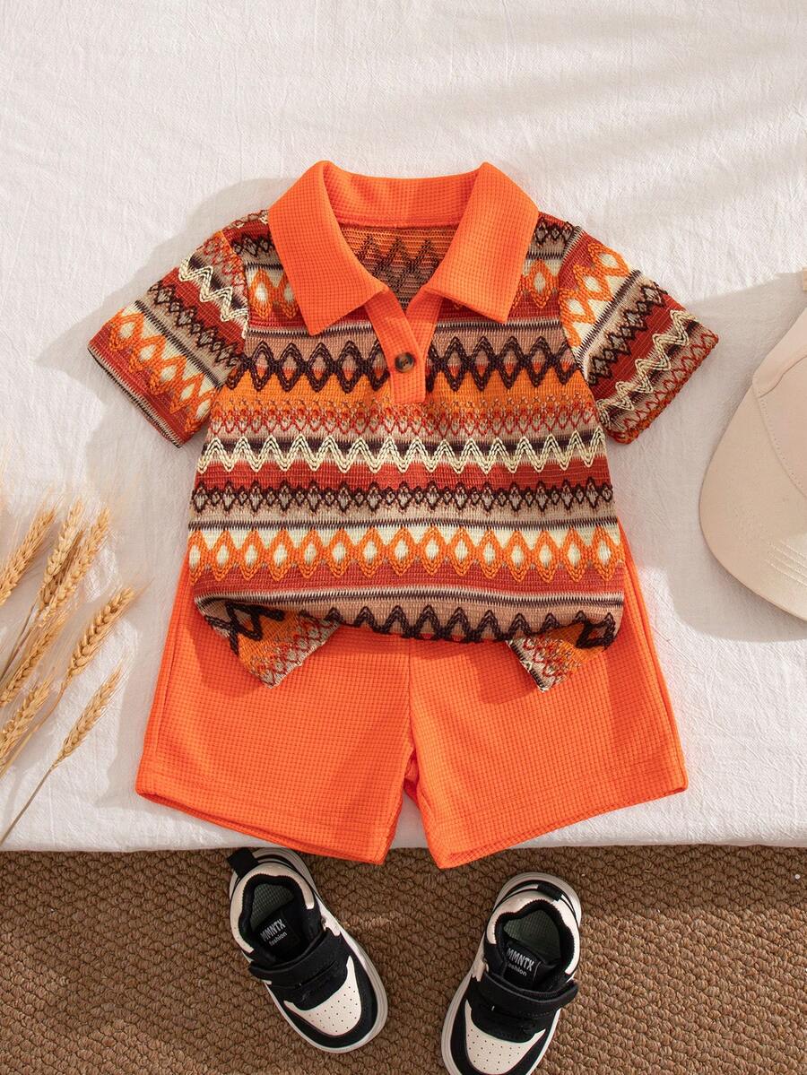Playful Pals Baby Boy Khaki OOTD: Textured V-Neck and Striped Outfit