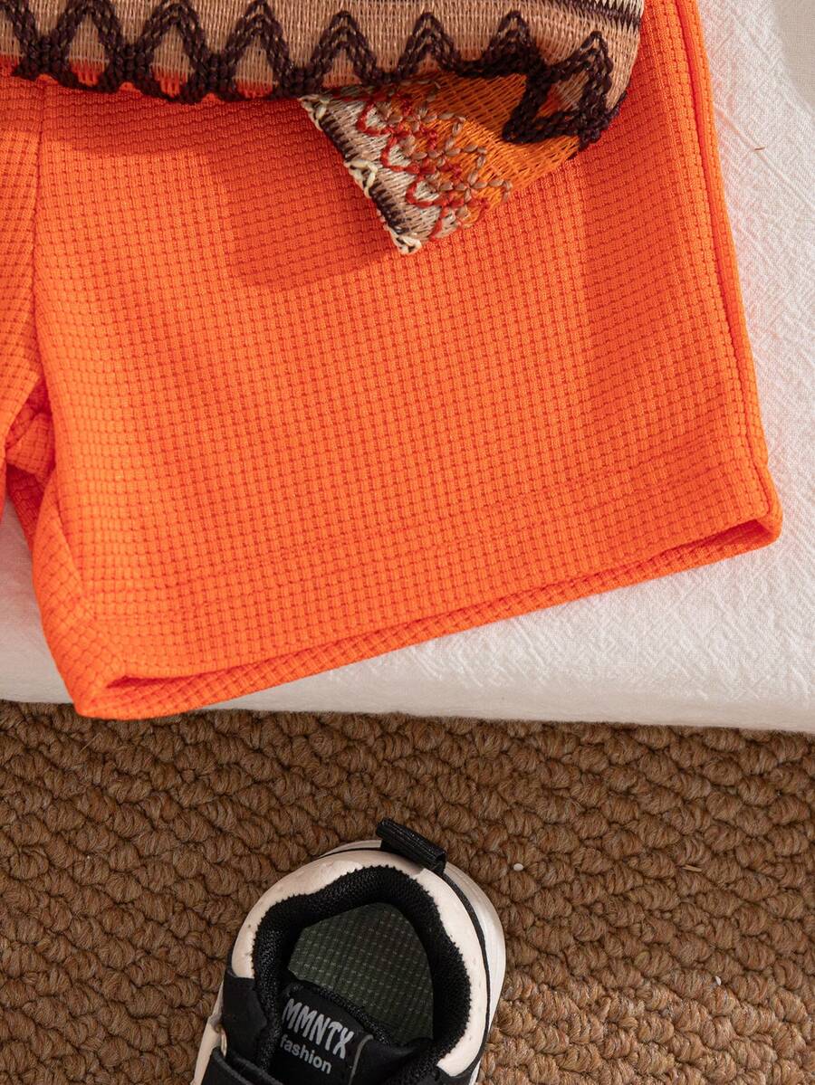 Playful Pals Baby Boy Khaki OOTD: Textured V-Neck and Striped Outfit