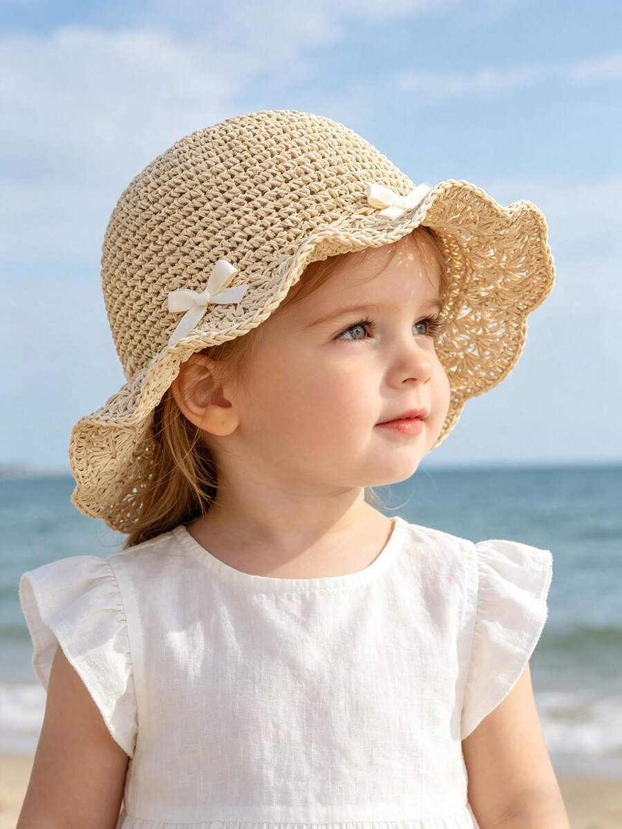 1pc Knitted Lace Bow Sun Hat for Baby and Toddler Casual Wear