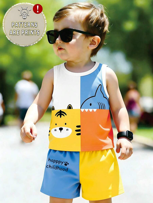 Sleeveless Forest Animal Print Suit for Baby Boy Summer Daily Wear