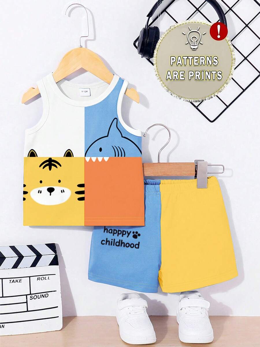 Sleeveless Forest Animal Print Suit for Baby Boy Summer Daily Wear
