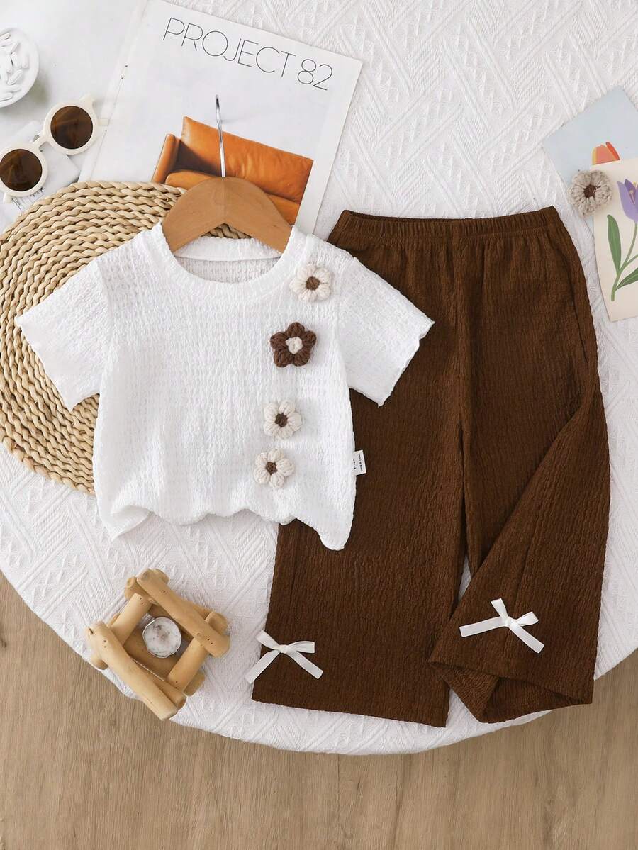 3D Floral T Shirt And Plaid Pants Set For Baby Girls Casual Cute Outfit