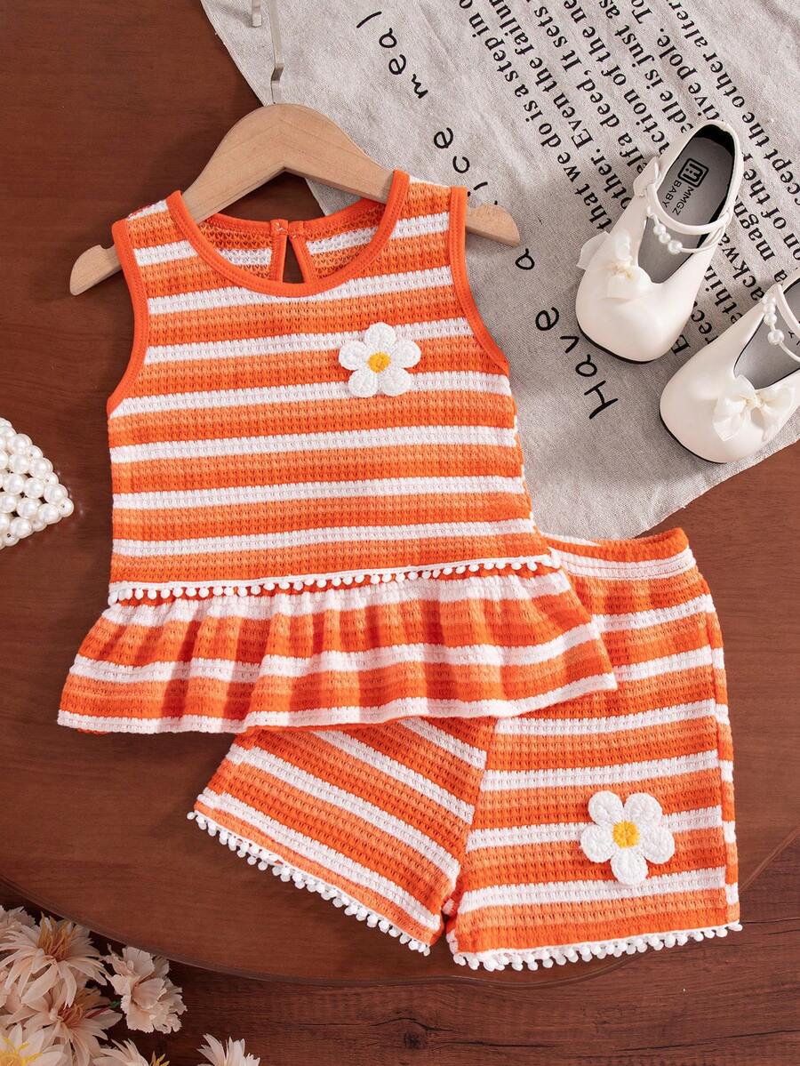 Two Piece Summer Clothing Set For Kids Girls Floral Knit Top And Shorts