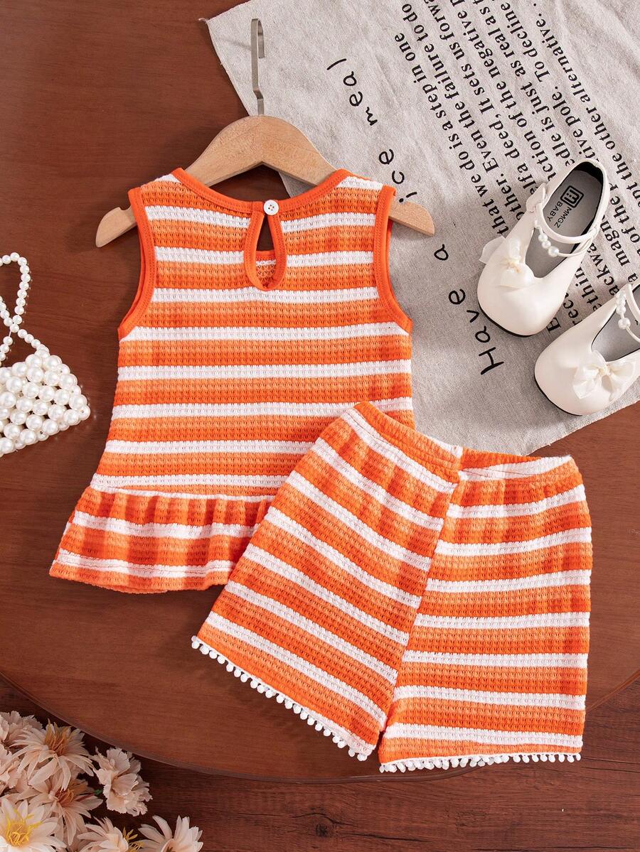 Two Piece Summer Clothing Set For Kids Girls Floral Knit Top And Shorts