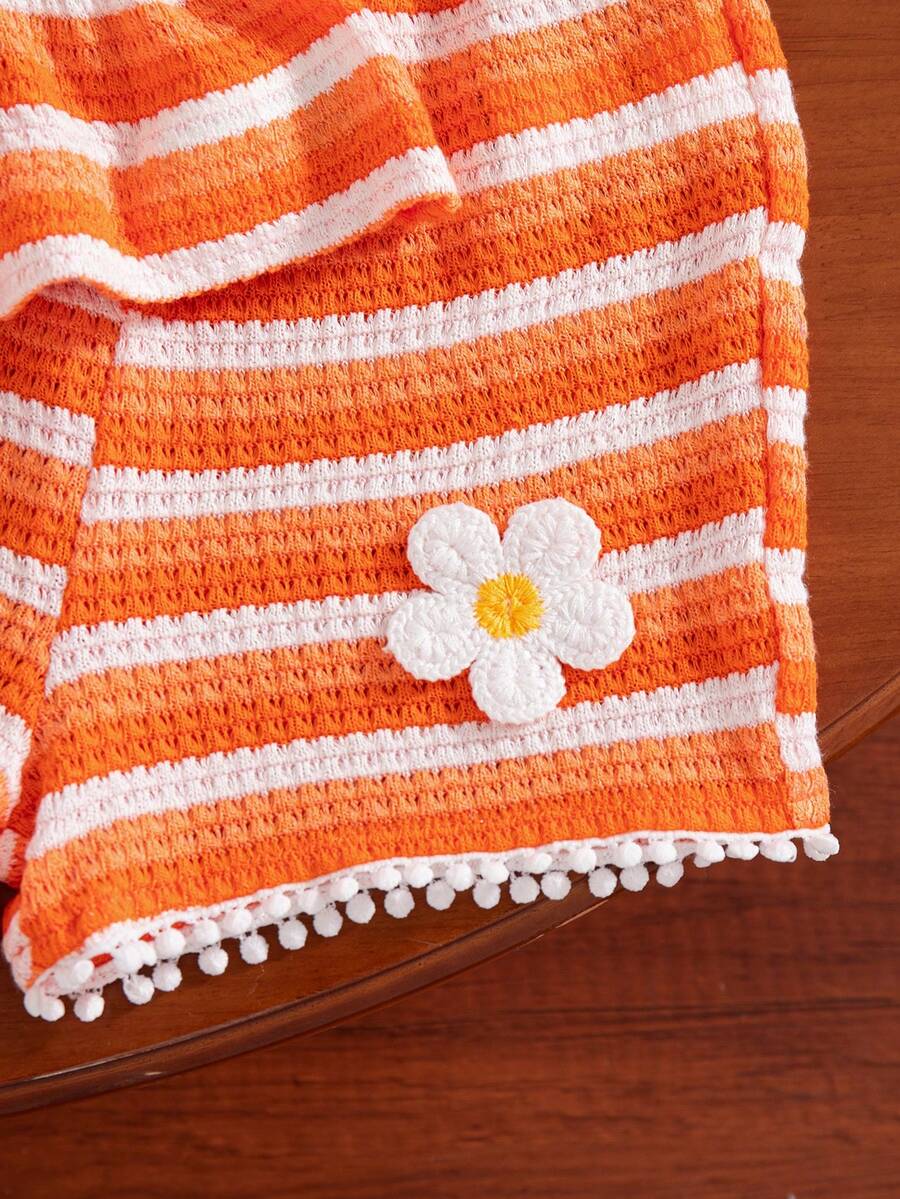 Two Piece Summer Clothing Set For Kids Girls Floral Knit Top And Shorts