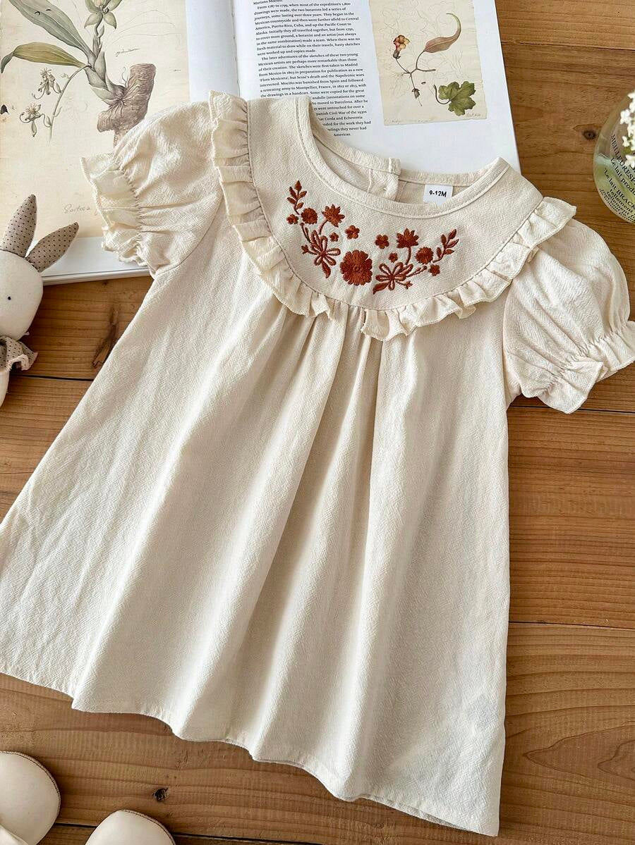 Infant Girl Peter Pan Collar Floral Embroidered Summer Dress for Casual Wear
