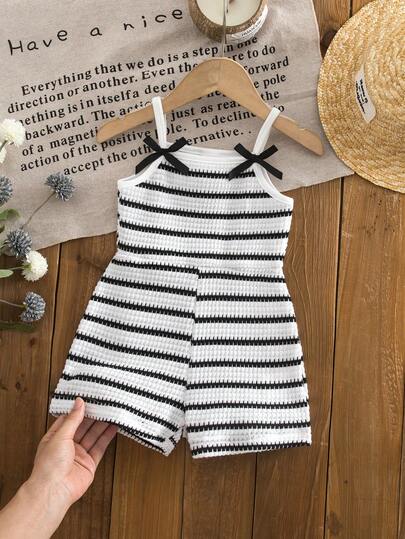 Cute Baby Girl Sleeveless Ribbed Short Jumpsuit With Bow Detail Casual Summer Wear