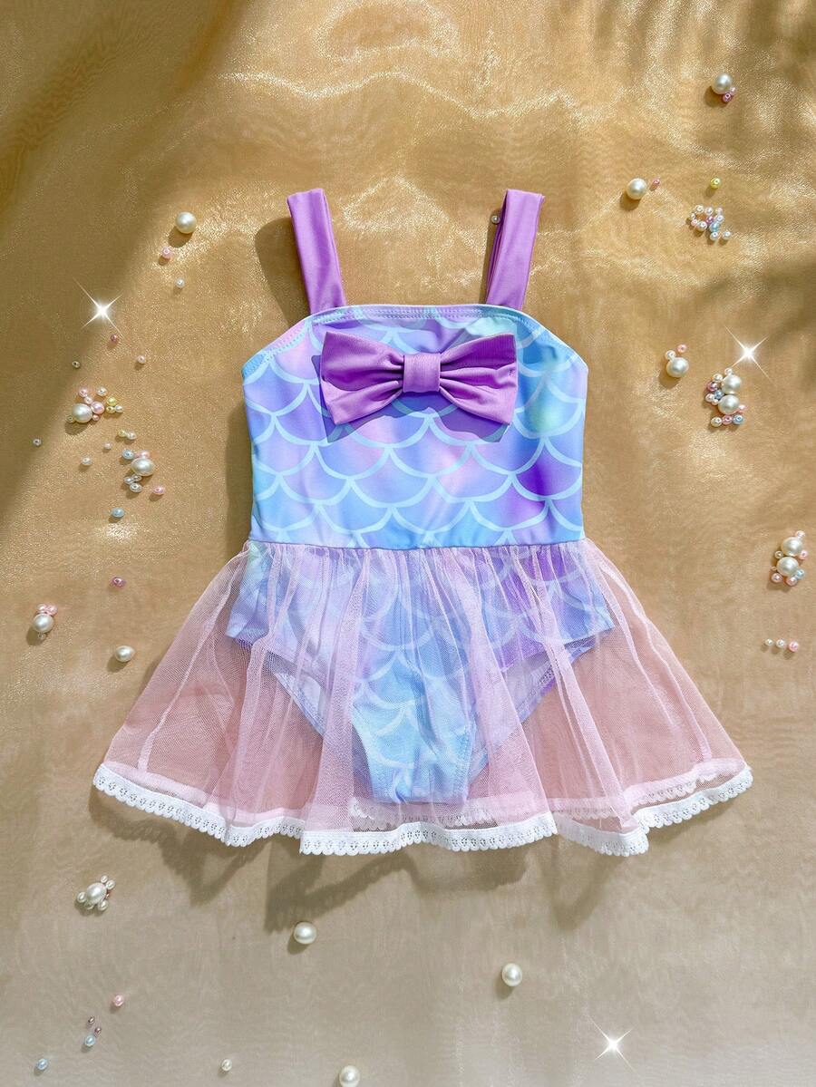 Baby Girls Mermaid Fish Scale One Piece Swimsuit Cute Ocean Princess Beachwear